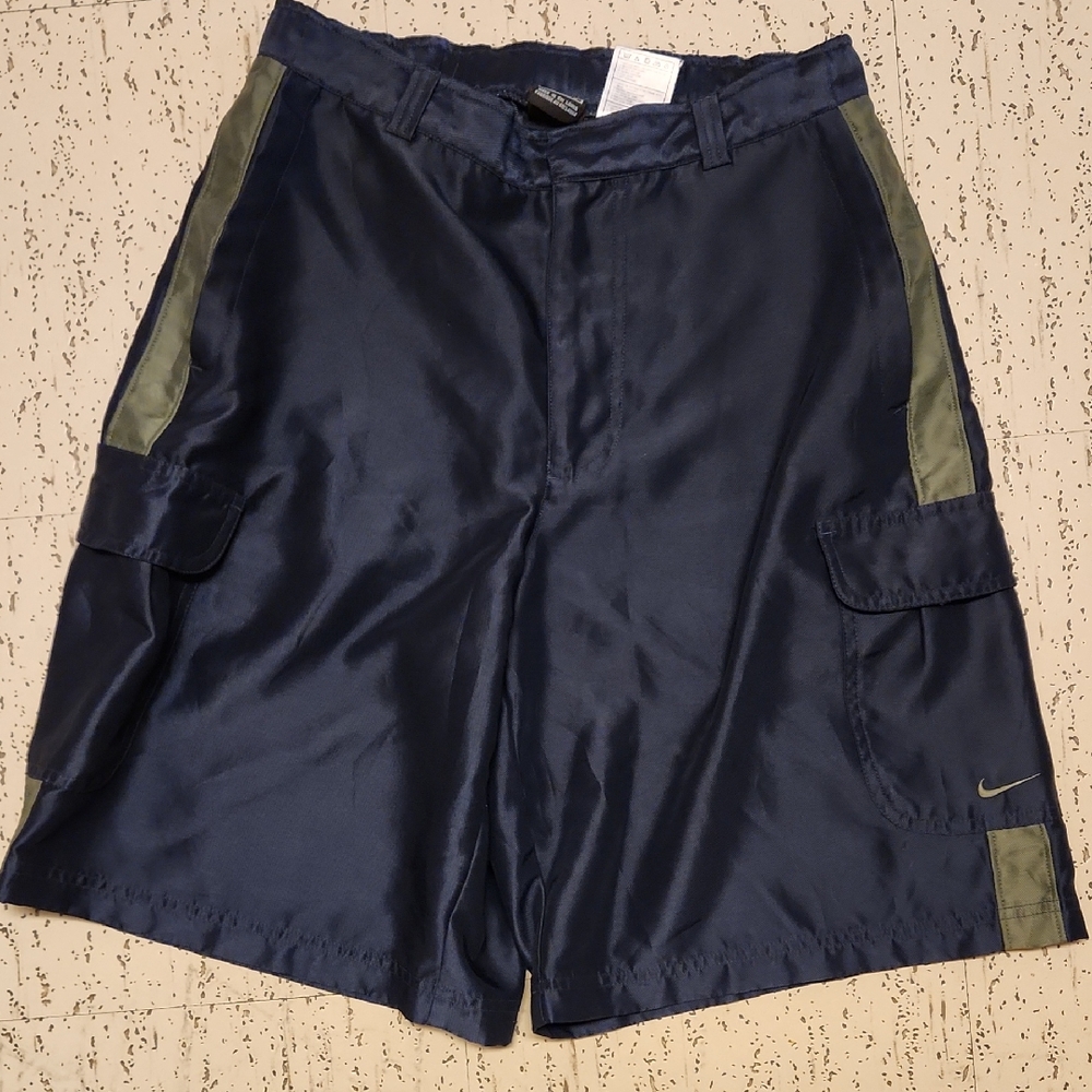 Nike Swoosh Embroidered Logo Big Pocket Shorts Vintage 90s Rare Blue And Green